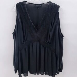 Lane Bryant Black Cold Shoulder Lace Sheer Flare Sleeve Blouse. Size 16‎